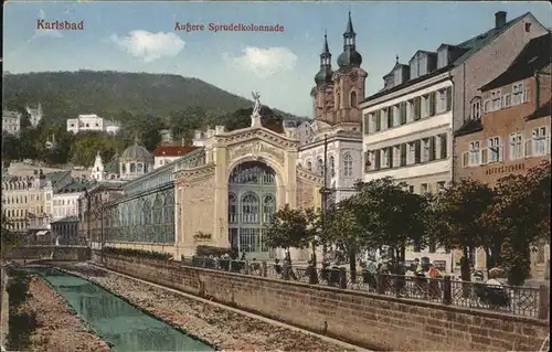 Karlsbad Eger Boehmen aeussere Sprudelkolonnade Kirchtuerme Kat. Karlovy Vary