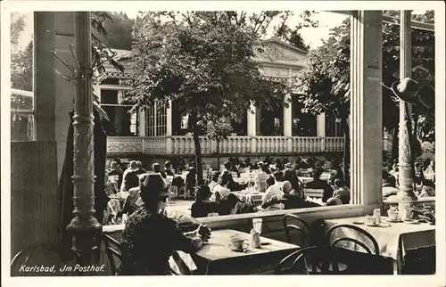 Karlsbad Eger Boehmen Cafe Restaurant Posthof Gartenterrasse Kat. Karlovy Vary