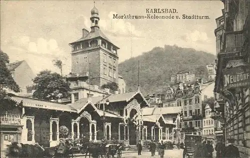 Karlsbad Eger Boehmen Marktbrunn Kolonnade und Stadtturm Pferdedroschke Kat. Karlovy Vary
