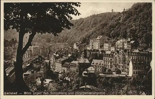 Karlsbad Eger Boehmen Blick gegen Schlossberg und Hirschensprungzeile Kat. Karlovy Vary