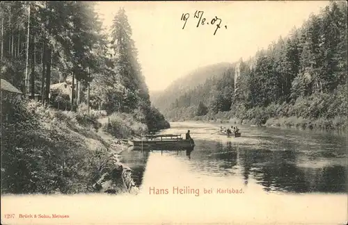 Karlsbad Eger Boehmen Partie beim Hans Heiling Felsen an der Eger Bootssteg Kat. Karlovy Vary