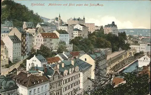 Karlsbad Eger Boehmen Muehlbrunn und Blick gegen Schlossberg Kat. Karlovy Vary