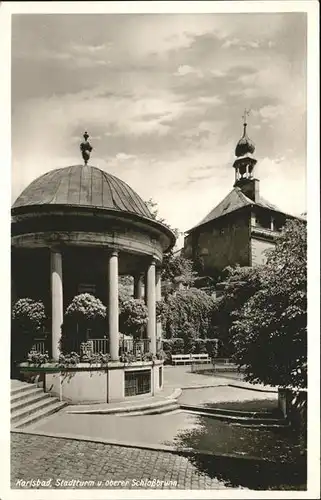 Karlsbad Eger Boehmen Stadtturm und oberer Schlossbrunnen Kat. Karlovy Vary