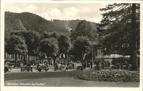 Karlsbad Eger Boehmen Fruehstueck im Posthof Cafe Restaurant Gartenterrasse Kat. Karlovy Vary