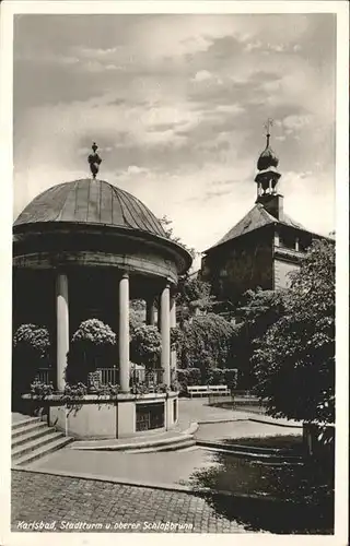 Karlsbad Eger Boehmen Stadtturm und oberer Schlossbrunnen Kat. Karlovy Vary