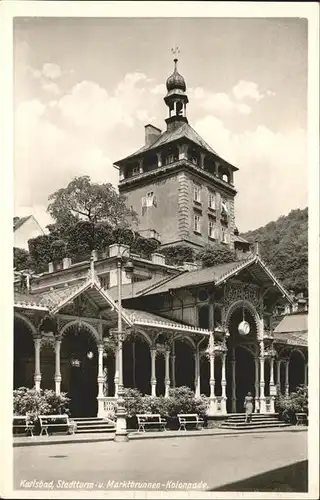 Karlsbad Eger Boehmen Stadtturm und Marktbrunnen Kolonnade Kat. Karlovy Vary