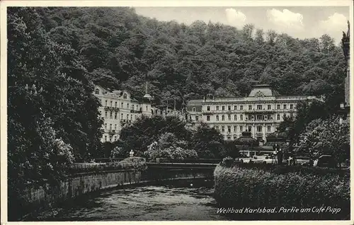 Karlsbad Eger Boehmen Partie am Cafe Pupp Grandhotel Kat. Karlovy Vary