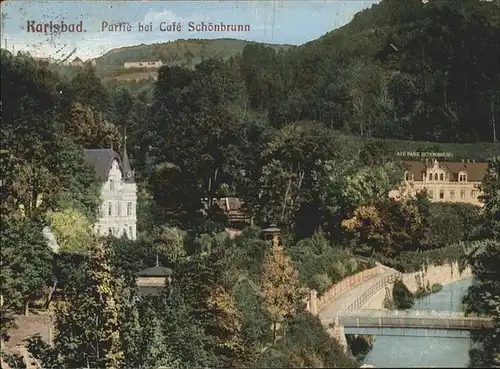 Karlsbad Eger Boehmen Partie beim Cafe Schoenbrunn Bruecke Kat. Karlovy Vary