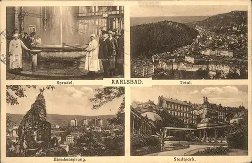 Karlsbad Eger Boehmen Sprudelspringer Brunnen Gemsfelsen am Hirschensprung Stadtpark Totalansicht  Kat. Karlovy Vary