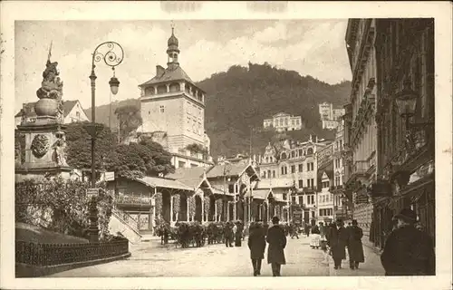 Karlsbad Eger Boehmen Marktbrunnen mit Stadtturm Kat. Karlovy Vary