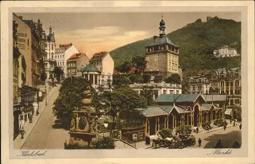 Karlsbad Eger Boehmen Marktbrunnen Kolonnade mit Stadtturm Kat. Karlovy Vary