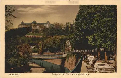 Karlsbad Eger Boehmen Partie an der Tepl Gartenrestaurant Imperial Hotel Kat. Karlovy Vary