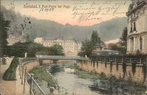 Karlsbad Eger Boehmen Partie an der Tepl bei Grand Hotel Pupp Sammlung Weckerth Stempel Nr. 00022 Kat. Karlovy Vary