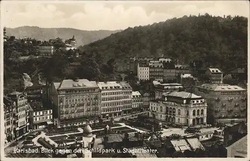 Karlsbad Eger Boehmen Blick auf Schildpark und Stadttheater Kat. Karlovy Vary