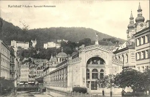 Karlsbad Eger Boehmen aeussere Sprudelkolonnade Kirchtuerme Stempel Kat. Karlovy Vary