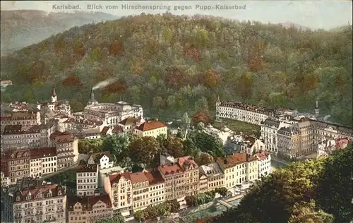 Karlsbad Eger Boehmen Blick vom Hirschensprung gegen Grandhotel Pupp Kaiserbad Kat. Karlovy Vary