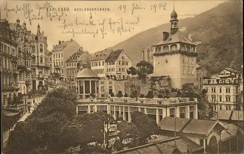 Karlsbad Eger Boehmen Schlossbrunnen und Stadtturm Kat. Karlovy Vary