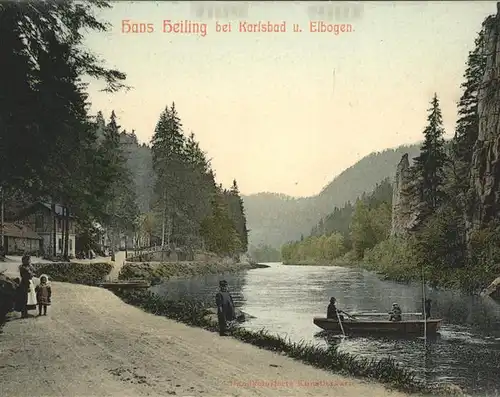 Karlsbad Eger Boehmen Hans Heiling Felsen an der Eger und Elbogen Boot handkolorierte Kuenstlerkarte Kat. Karlovy Vary