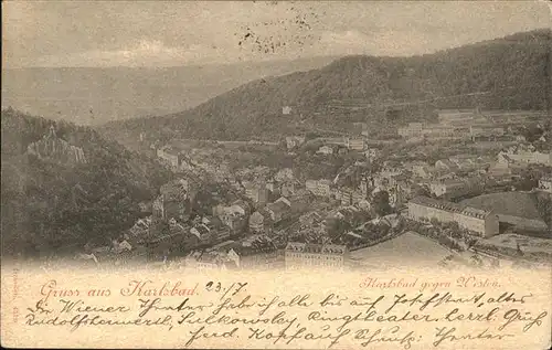 Karlsbad Eger Boehmen Panorama Blick gegen Westen Kat. Karlovy Vary