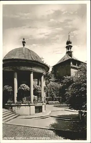 Karlsbad Eger Boehmen Stadtturm und oberer Schlossbrunnen Kat. Karlovy Vary