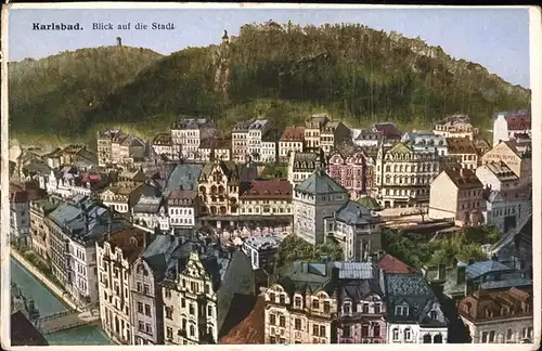 Karlsbad Eger Boehmen Blick auf die Stadt Kuenstlerkarte Nr. 61831 Kat. Karlovy Vary