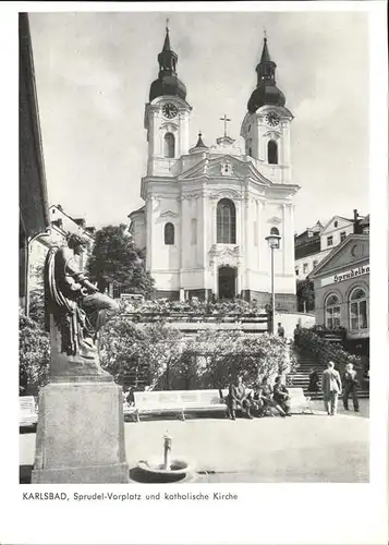 Karlsbad Eger Boehmen Sprudel Vorplatz Katholische Kirche Skulptur Serie Jahrweiser "Schoenes Sudetenland" Bildkarten Kat. Karlovy Vary