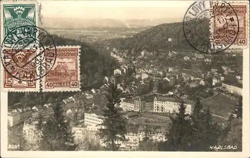 Karlsbad Eger Boehmen Panorama Blick ueber die Stadt Stempel auf AK Kat. Karlovy Vary