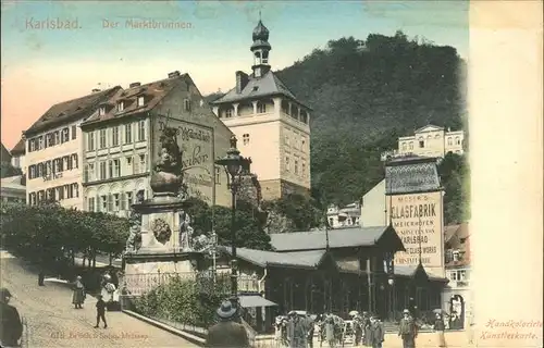 Karlsbad Eger Boehmen Marktbrunnen Kolonnade Stadtturm handkoloriert Kat. Karlovy Vary