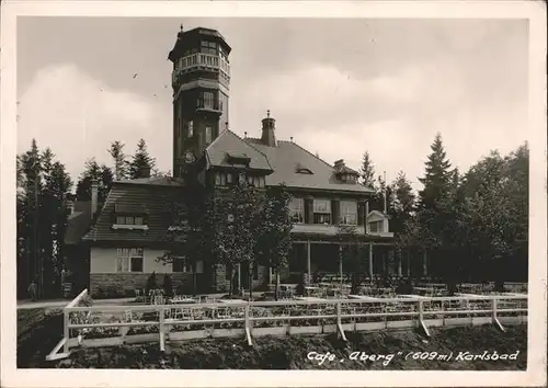 Karlsbad Eger Boehmen Cafe Aberg Aussichtsturm Gartenterrasse Stempel Kat. Karlovy Vary