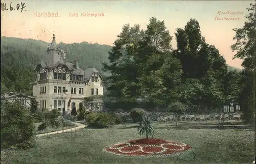 Karlsbad Eger Boehmen Cafe Kaiserpark handkolorierte Kuenstlerkarte Kat. Karlovy Vary