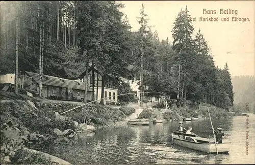 Karlsbad Eger Boehmen Partie beim Hans Heiling Felsen an der Eger und Elbogen Boot Kat. Karlovy Vary