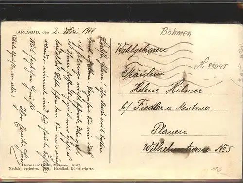 Karlsbad Eger Boehmen Kreuzstrasse handkolorierte Kuenstlerkarte Kat. Karlovy Vary