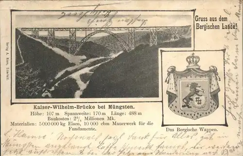 Muengsten Kaiser Wilhelm Bruecke Bergischses Wappen Kat. Remscheid