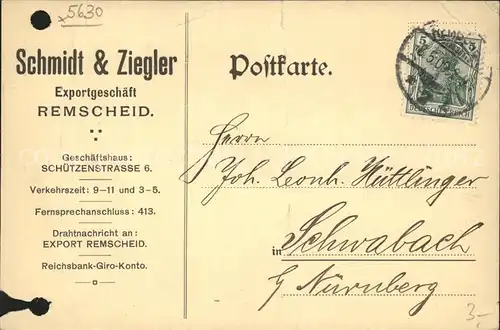 Remscheid Geschaeftskarte Schmidt und Ziegler Kat. Remscheid