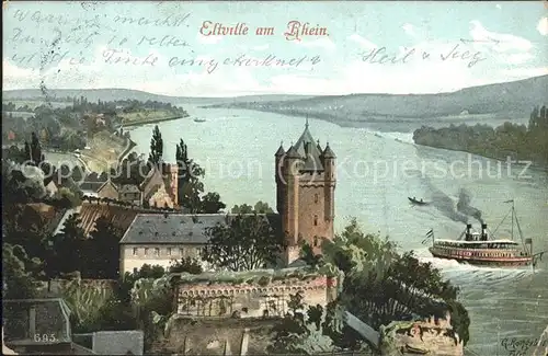 Eltville Rheinpanorama Schiffe Burg Kuenstlerkarte Kat. Eltville am Rhein