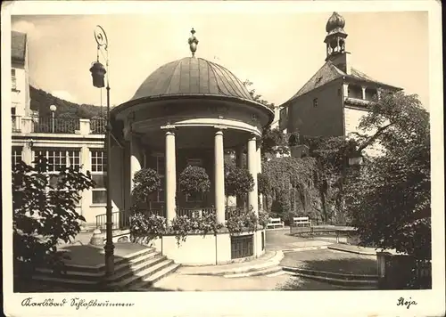 Karlsbad Eger Stadtturm und oberer Schlossbrunnen Boehmen Kat. Karlovy Vary