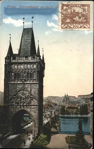 Prag Prahy Prague Staromestska mostecka vez Altstaedter Brueckenturm Karlsdenkmal Moldau Bruecke Stempel auf AK Kat. Praha