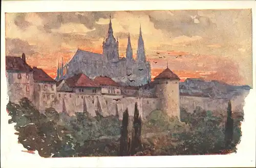 Prag Prahy Prague Chram sv. Vita z Jeleniho prikopu St. Veitsdom vom Jeleni prikop Kuenstlerkarte Kat. Praha