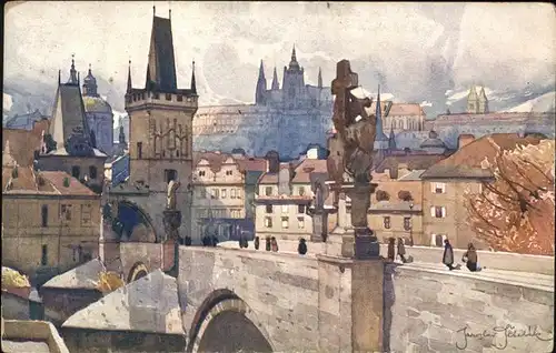 Prag Prahy Prague Malostranske mostecke veze Hradcany Kleinseiter Brueckentuerme Karlsbruecke Burg Hradschin Kathedrale Veitsdom Kuenstlerkarte Jaroslava Setelika Kat. Praha