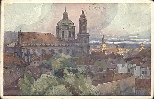 Prag Prahy Prague Mikulas z Schoenbornske zahrady St. Nikolauskirche Blick vom Schoenborngarten Kuenstlerkarte Aquarell Jaroslava Setelika Serie II Kat. Praha