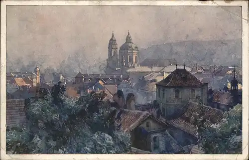 Prag Prahy Prague Vyhlidka z Hradcany Blick von der Burg Hradschin Kuenstlerkarte Aquarell Jaroslava Setelika Serie IV Kat. Praha