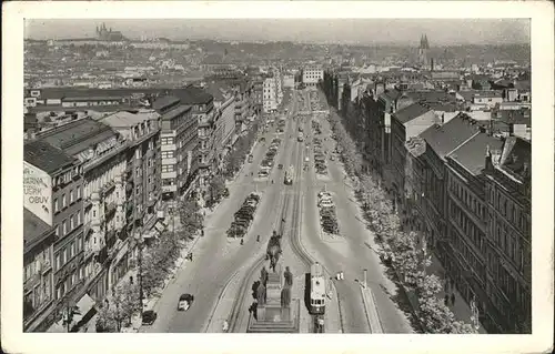 Prag Prahy Prague Vaclavske namesti Wenzelsplatz Mahnmal Reiterdenkmal Strassenbahn Kat. Praha