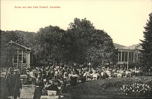 Karlsbad Eger Boehmen Cafe Restaurant Posthof Gartenterrasse handkoloriert Kat. Karlovy Vary