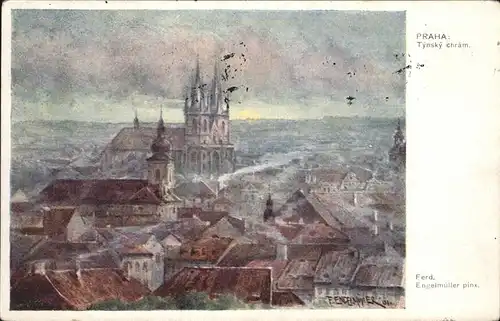 Prag Prahy Prague Tynsky chram Teynkirche Kuenstlerkarte Aquarell F. Engelmueller Kat. Praha