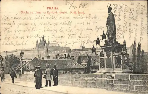 Prag Prahy Prague Socha sv Jana na Karlove moste Statue Hl. Johannes Karlsbruecke Hradcany Burg Hradschin Kathedrale Kat. Praha