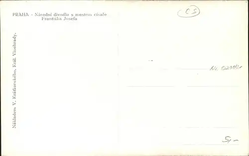 Prag Prahy Prague Narodni divadlo s mostem cisare Frantiska Josefa Nationaltheater Kaiser Franz Joseph Bruecke Moldau Kuenstlerkarte Kat. Praha
