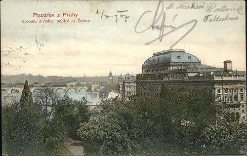 Prag Prahy Prague Narodni divadlo pohled se Zofina Nationaltheater Moldau Bruecke Kat. Praha