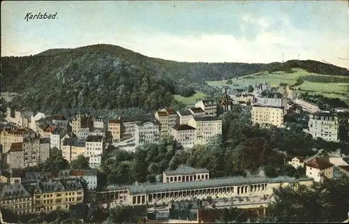 Karlsbad Eger Boehmen Panorama mit Kolonnaden Kat. Karlovy Vary