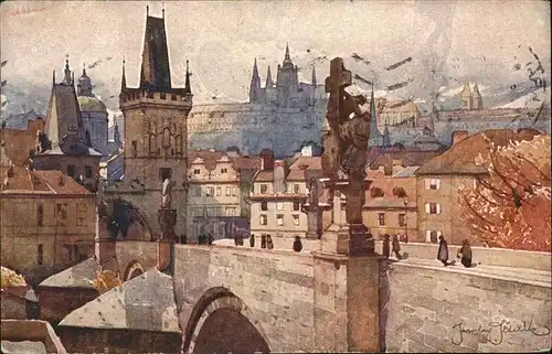 Prag Prahy Prague Mala Strana a Hradcany Kleinseite mit Burg Hradschin Brueckentuerme Kuenstlerkarte Kat. Praha