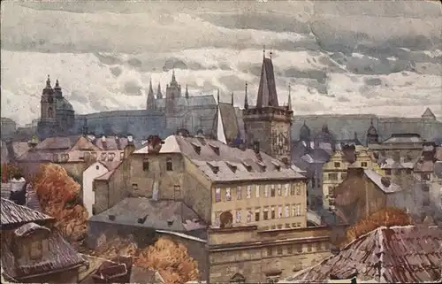 Prag Prahy Prague Mala Strana a Hradcany Kleinseite mit Burg Hradschin Veitsdom Brueckentuerme Kuenstlerkarte Aquarell Jaroslava Setelika Kat. Praha